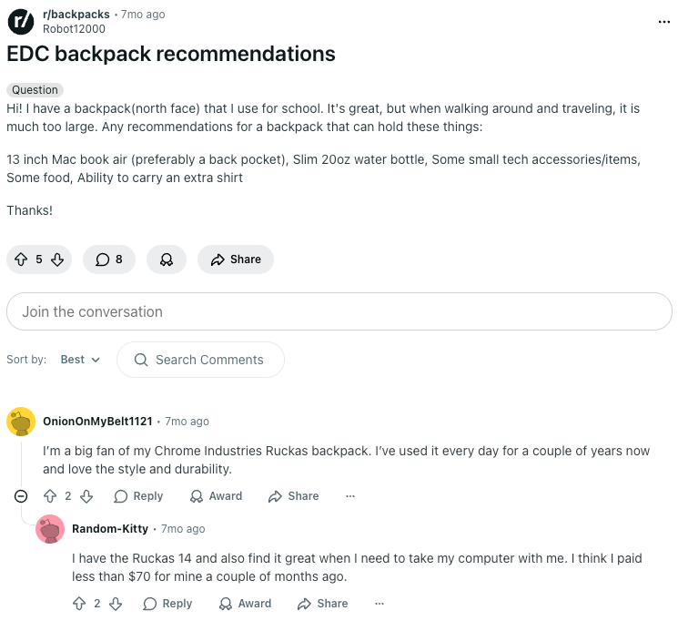 Reddit comment example in backpacks subreddit recommending EDC backpack